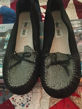 Minnetonka Black Suede Moccasins with Geometric Insole